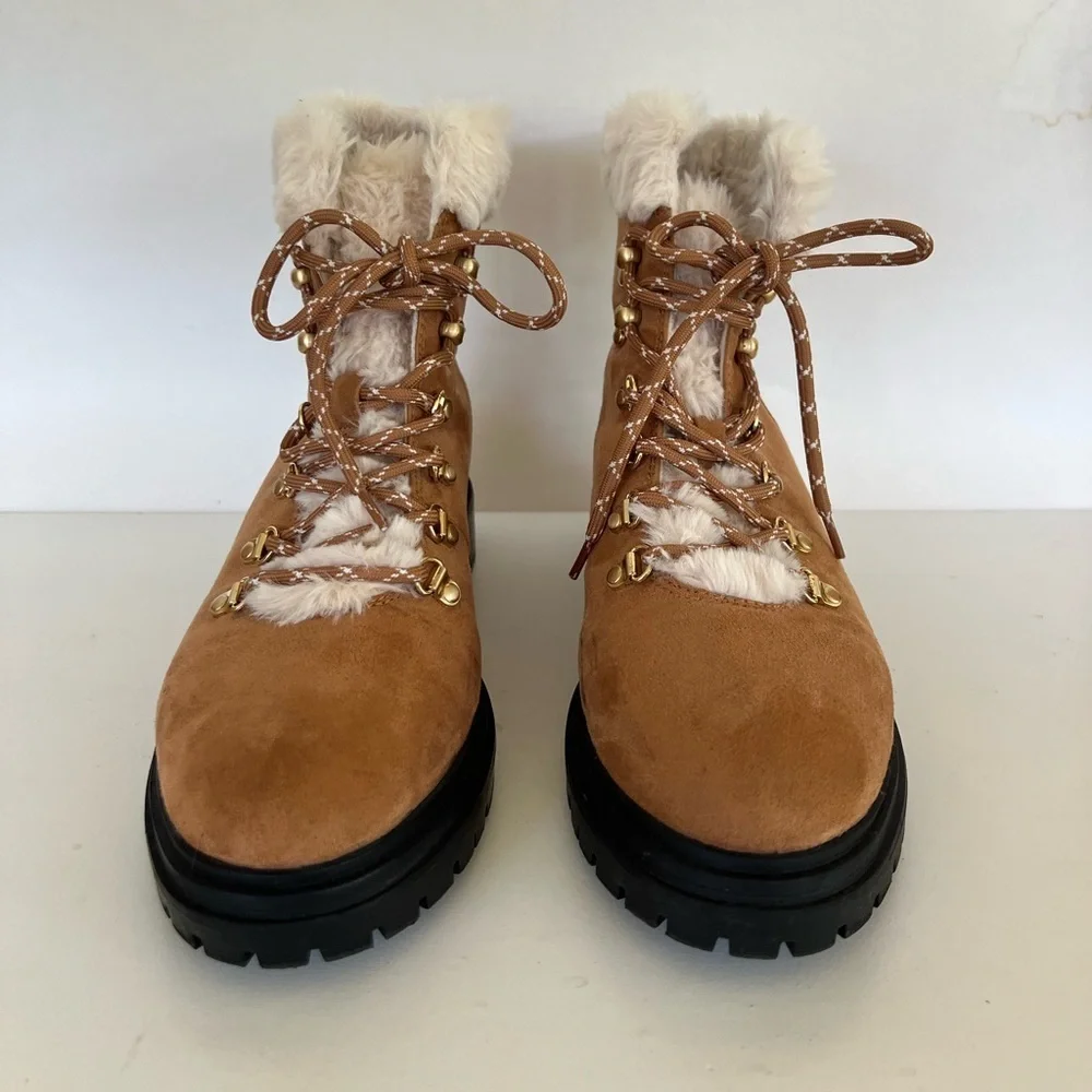J. Crew Factory Faux-Fur Lace Up Winter Hiking Boots in Chestnut Brown, size 9